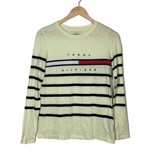 TOMMY HILFIGER Off White Striped Logo Long Sleeve T-shirt XXS